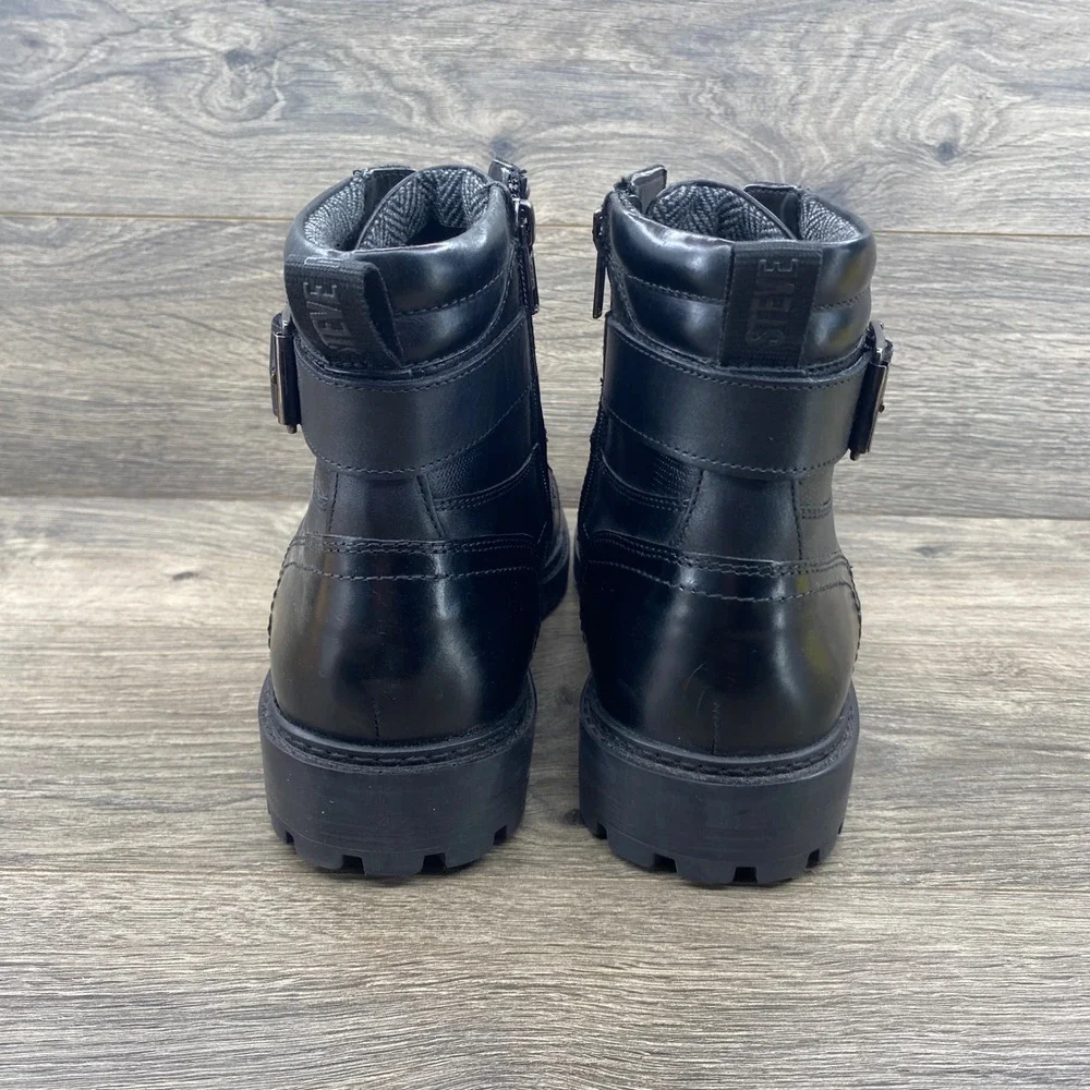 Steve Madden Snyder Combat Boot Mens Size 12 Black Leather Lace Up Side Zip Lug